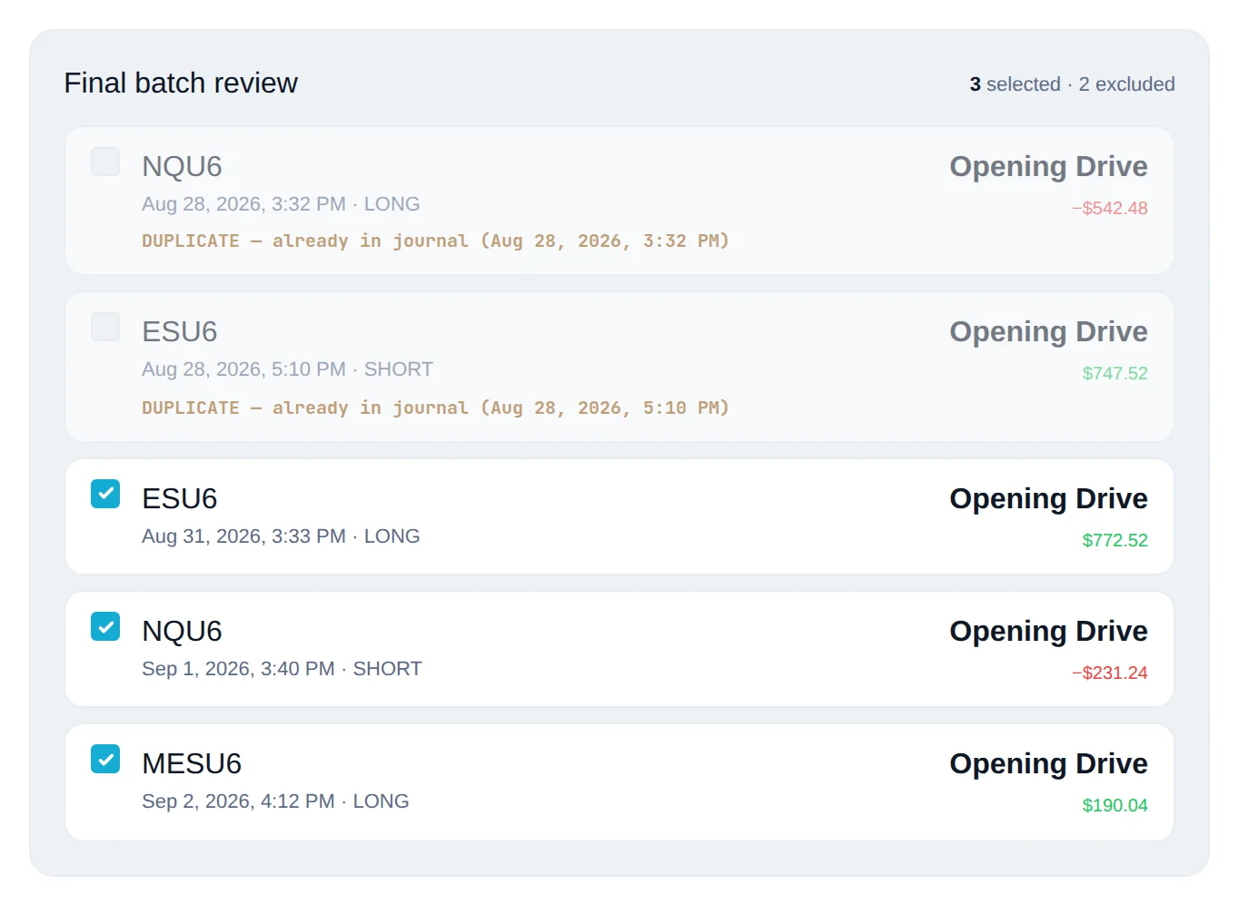 Review row flagged DUPLICATE — already in journal and unticked