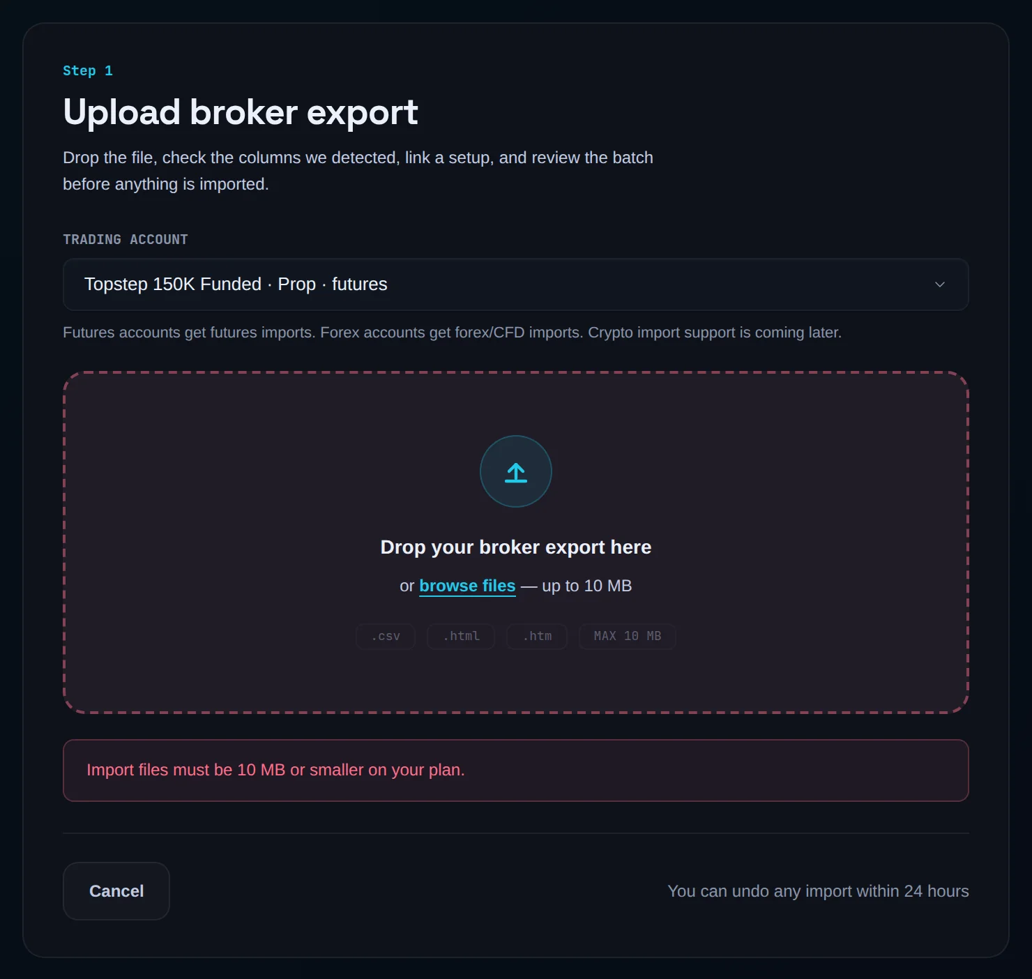 Upload step showing the file size error under the drop zone