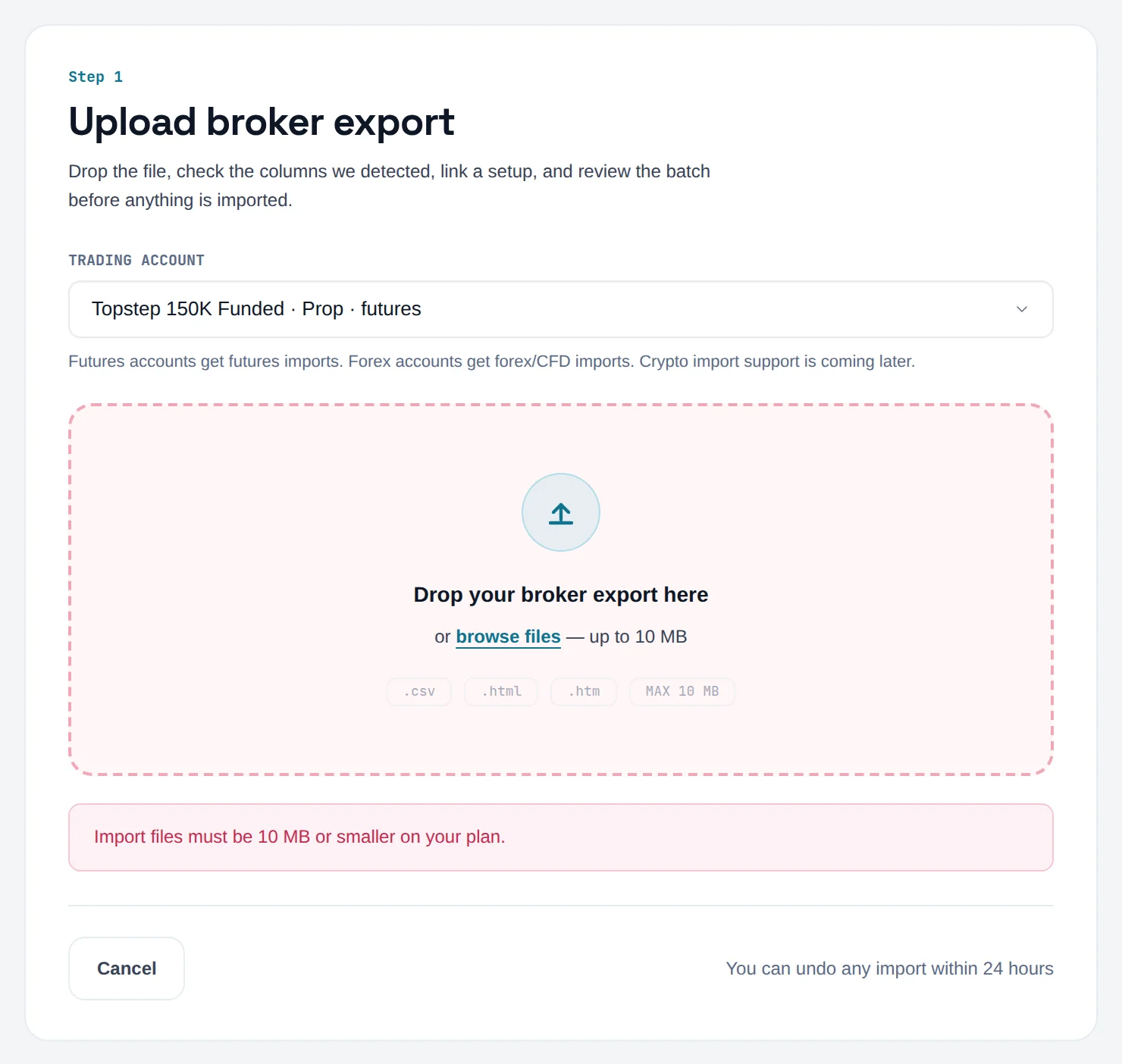 Upload step showing the file size error under the drop zone