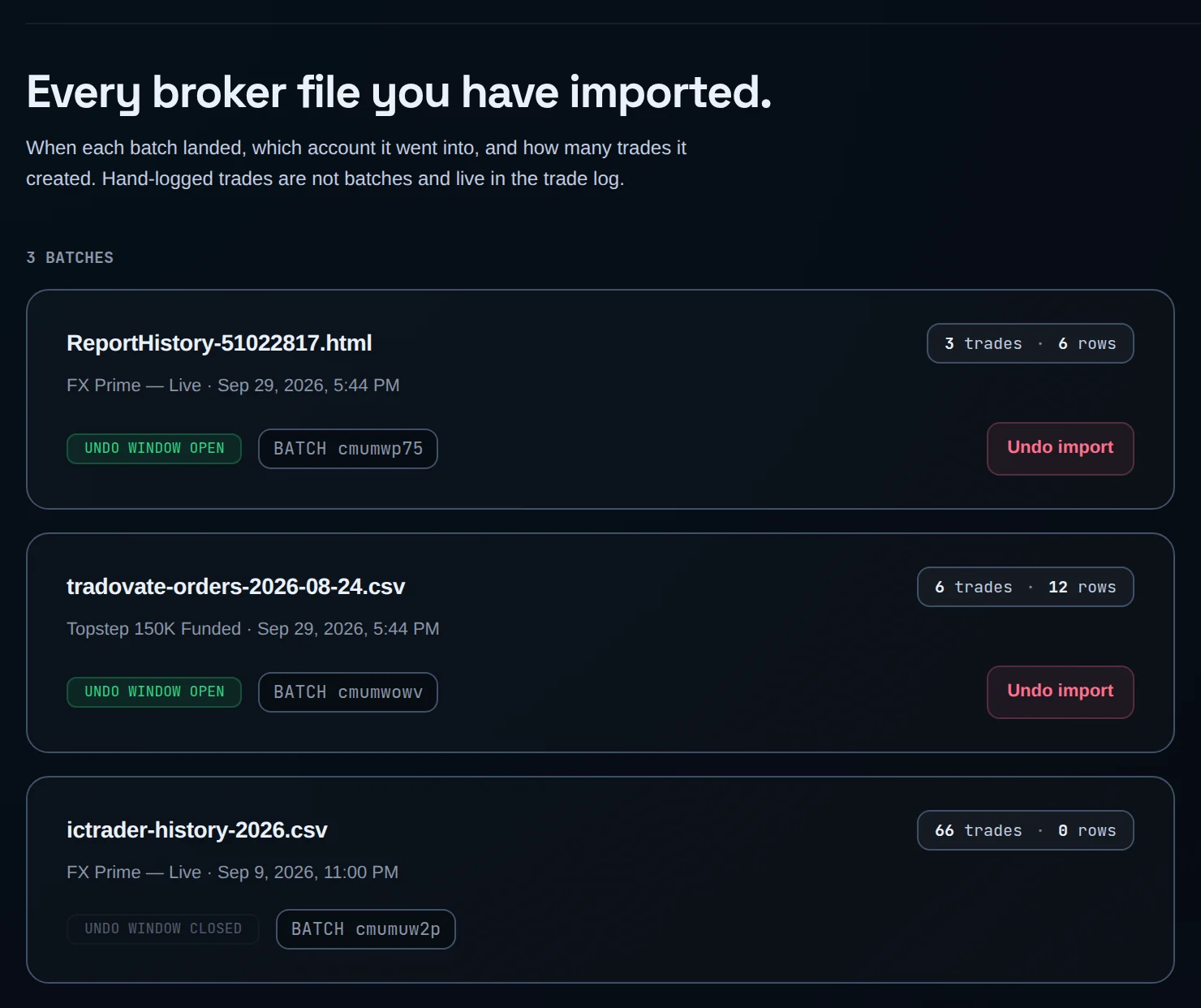 Import history list with batch rows and UNDO WINDOW OPEN badges