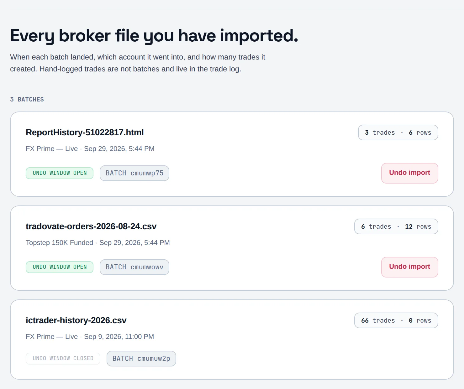 Import history list with batch rows and UNDO WINDOW OPEN badges