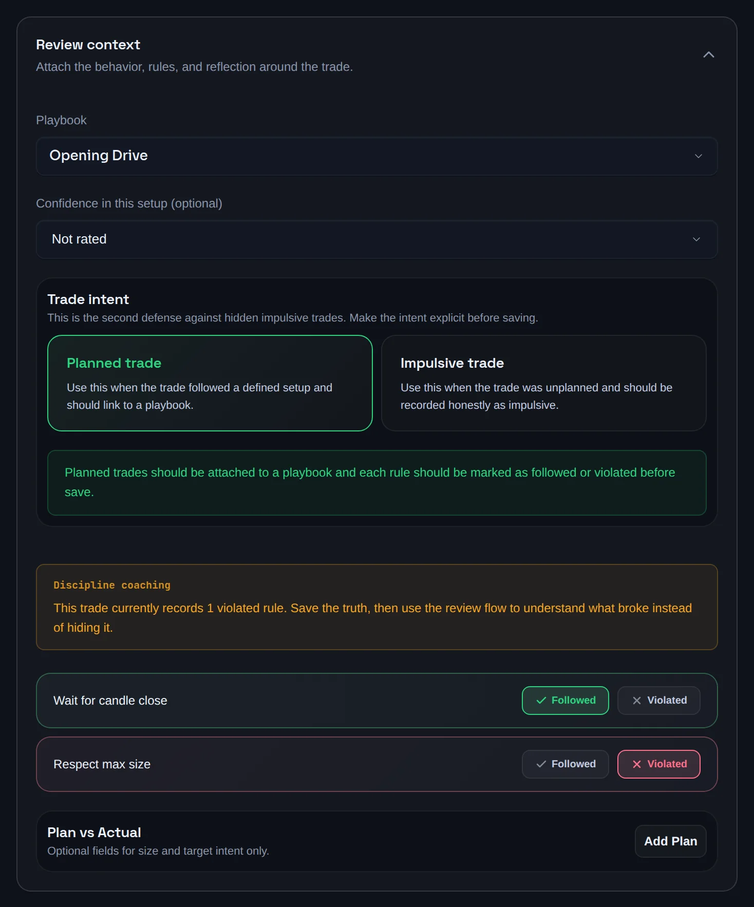 Review context section with Planned trade selected and Followed or Violated buttons per rule