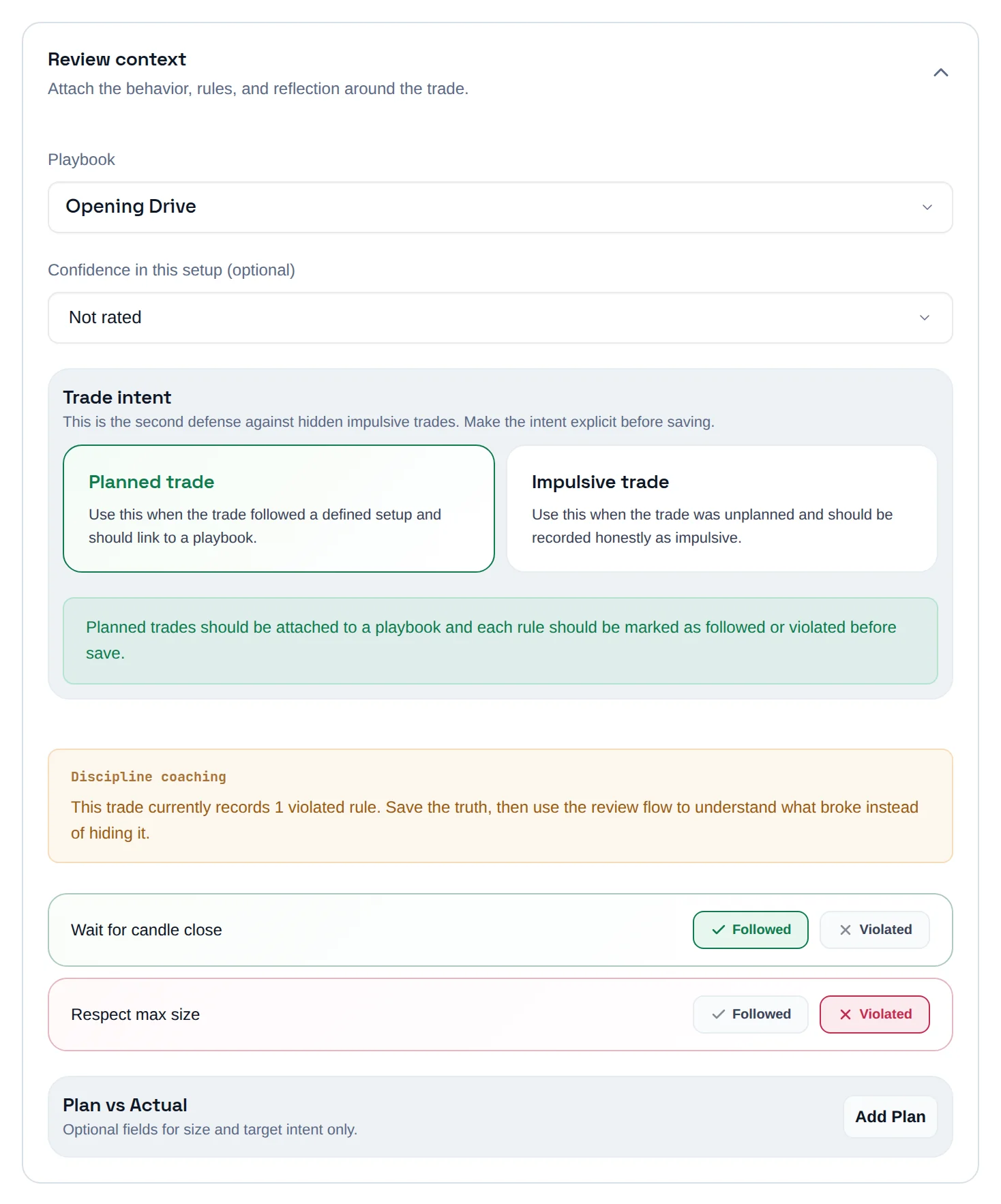 Review context section with Planned trade selected and Followed or Violated buttons per rule