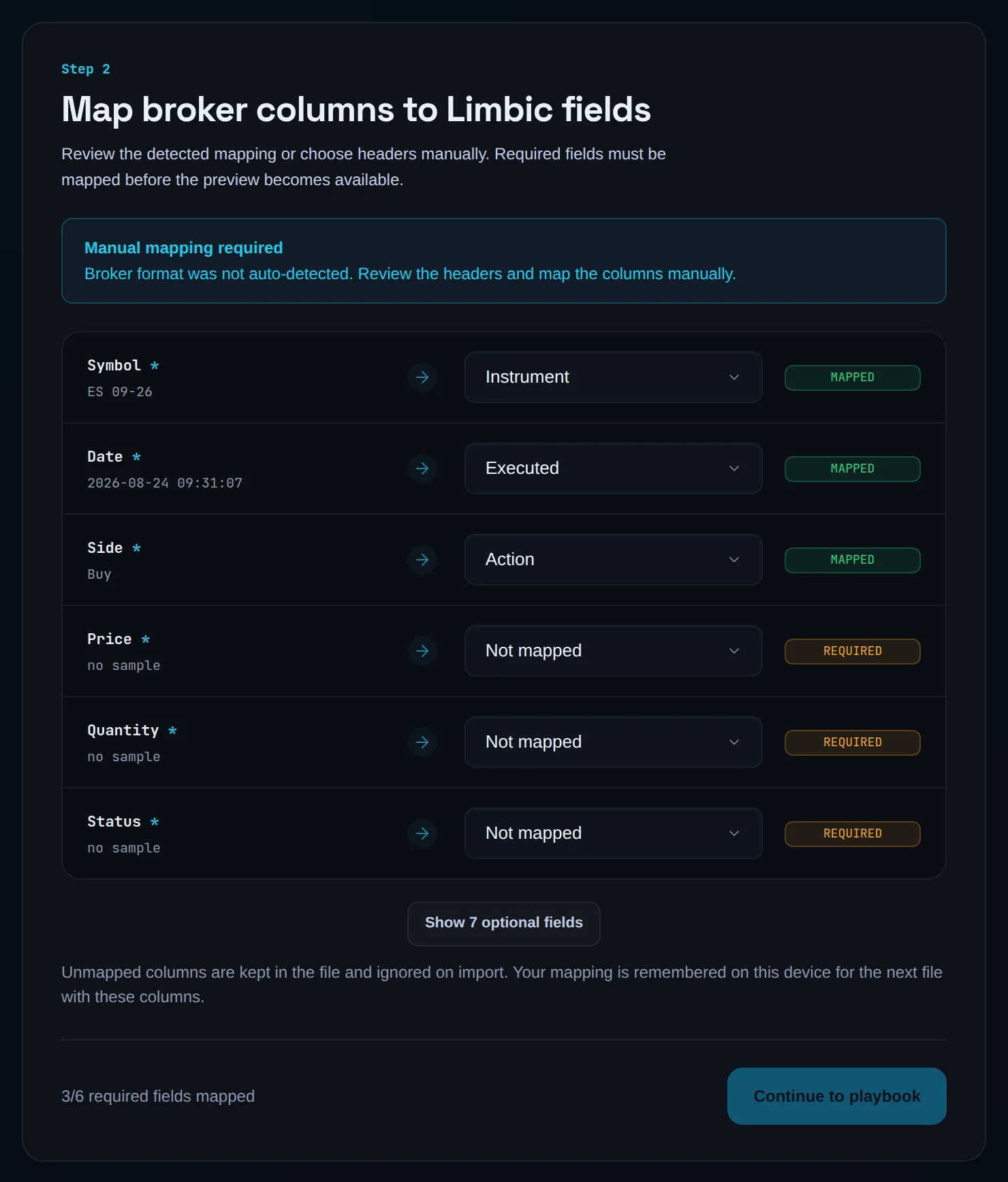 Map step with Manual mapping required and REQUIRED badges on unmapped fields