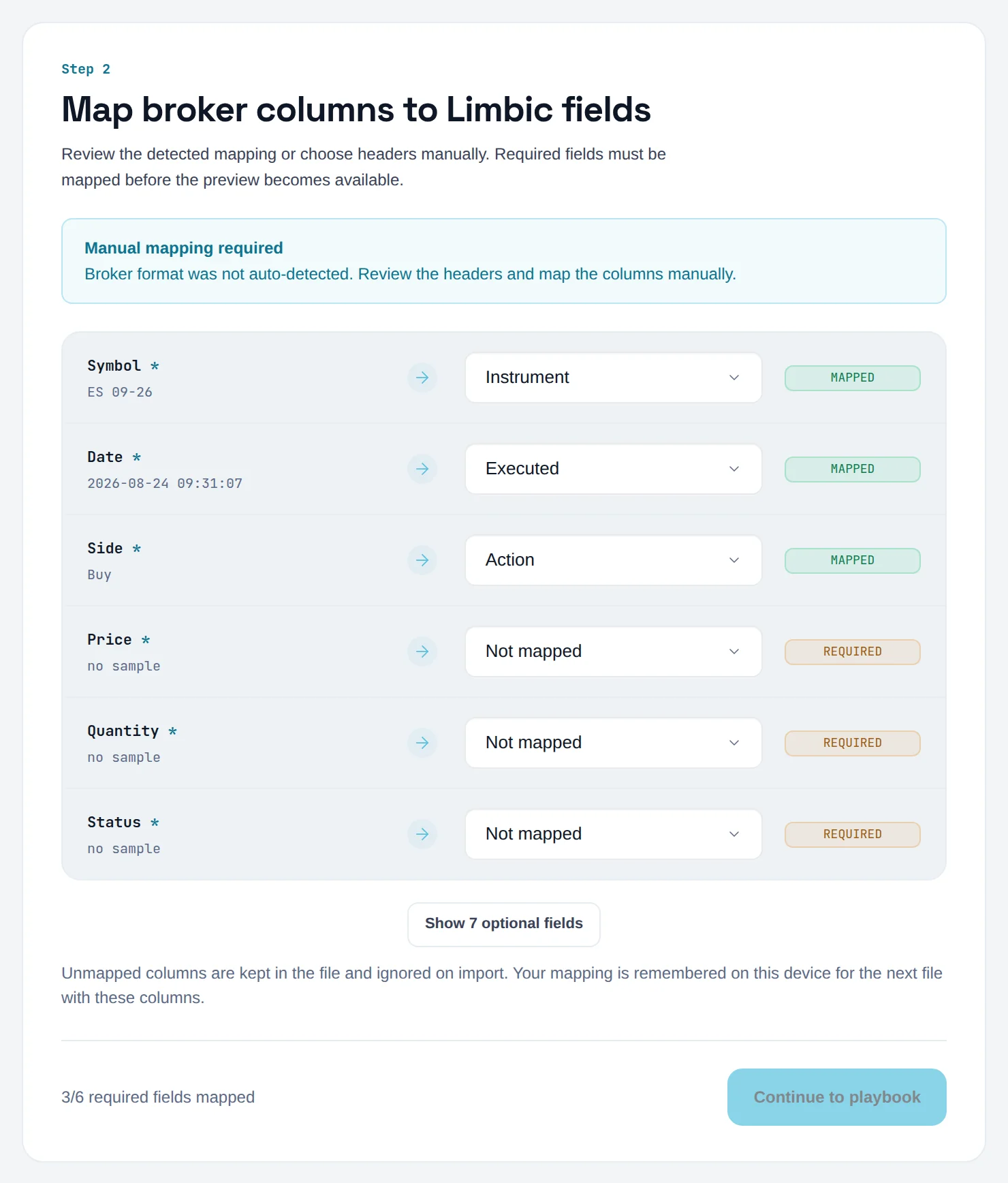 Map step with Manual mapping required and REQUIRED badges on unmapped fields