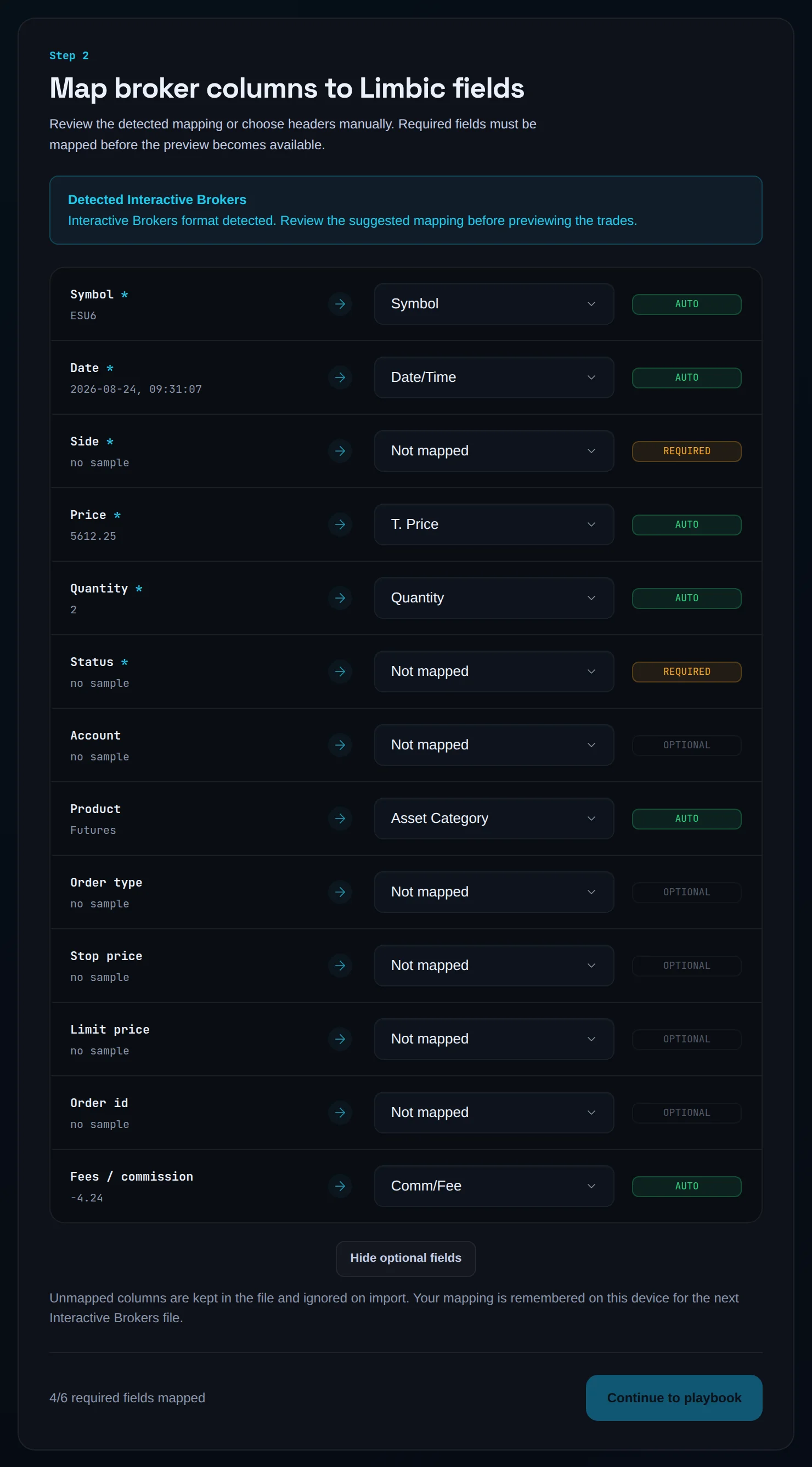 Map step showing Detected Interactive Brokers with Comm/Fee mapped to fees