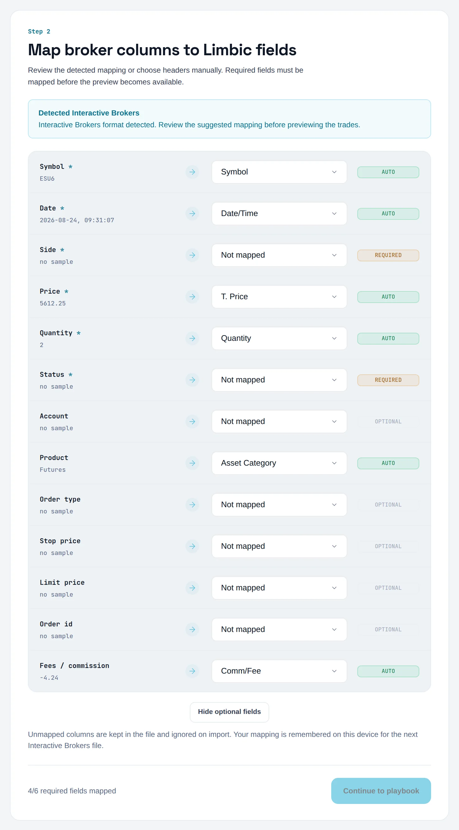 Map step showing Detected Interactive Brokers with Comm/Fee mapped to fees