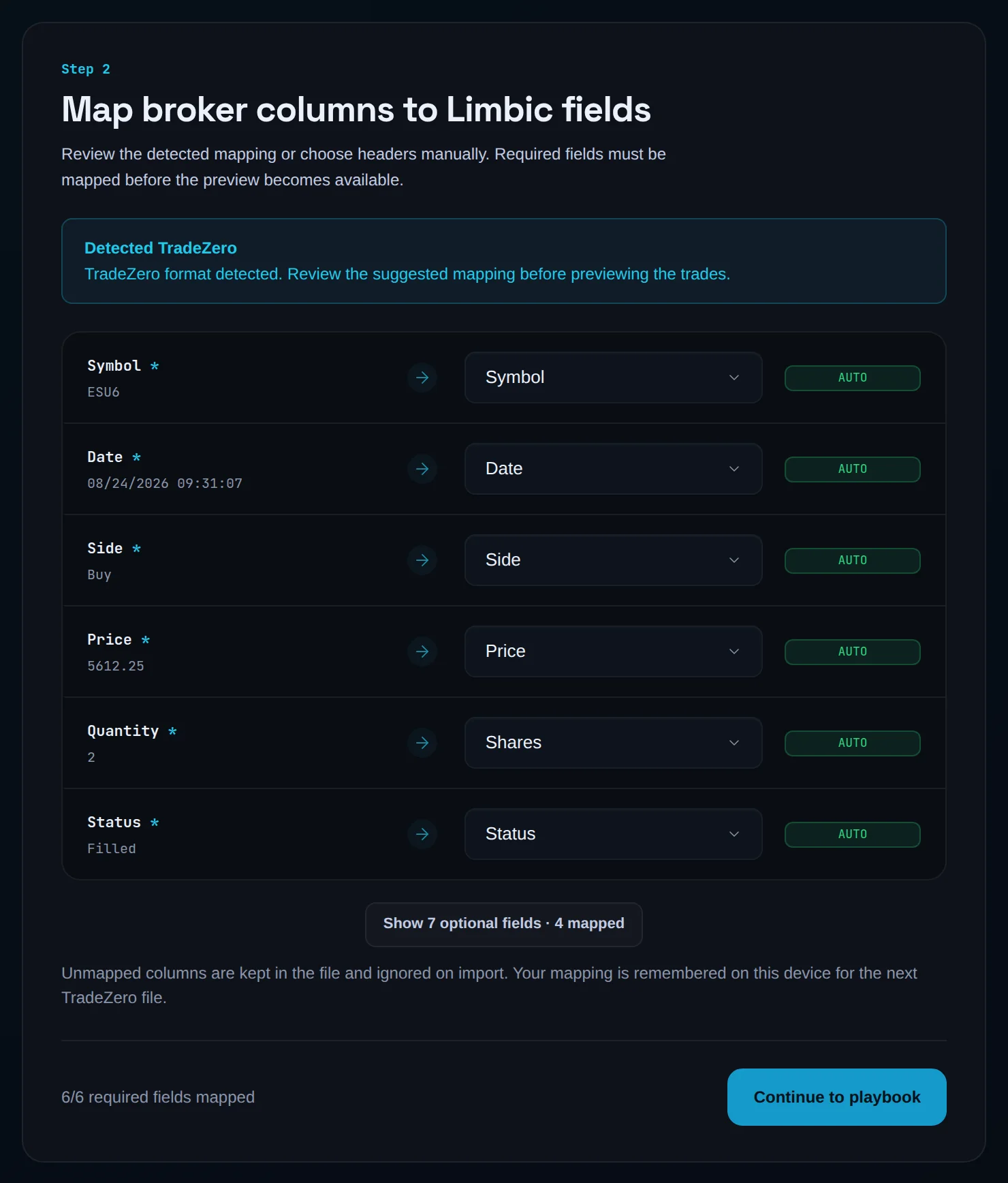 Map step showing Detected TradeZero with Shares mapped to Quantity