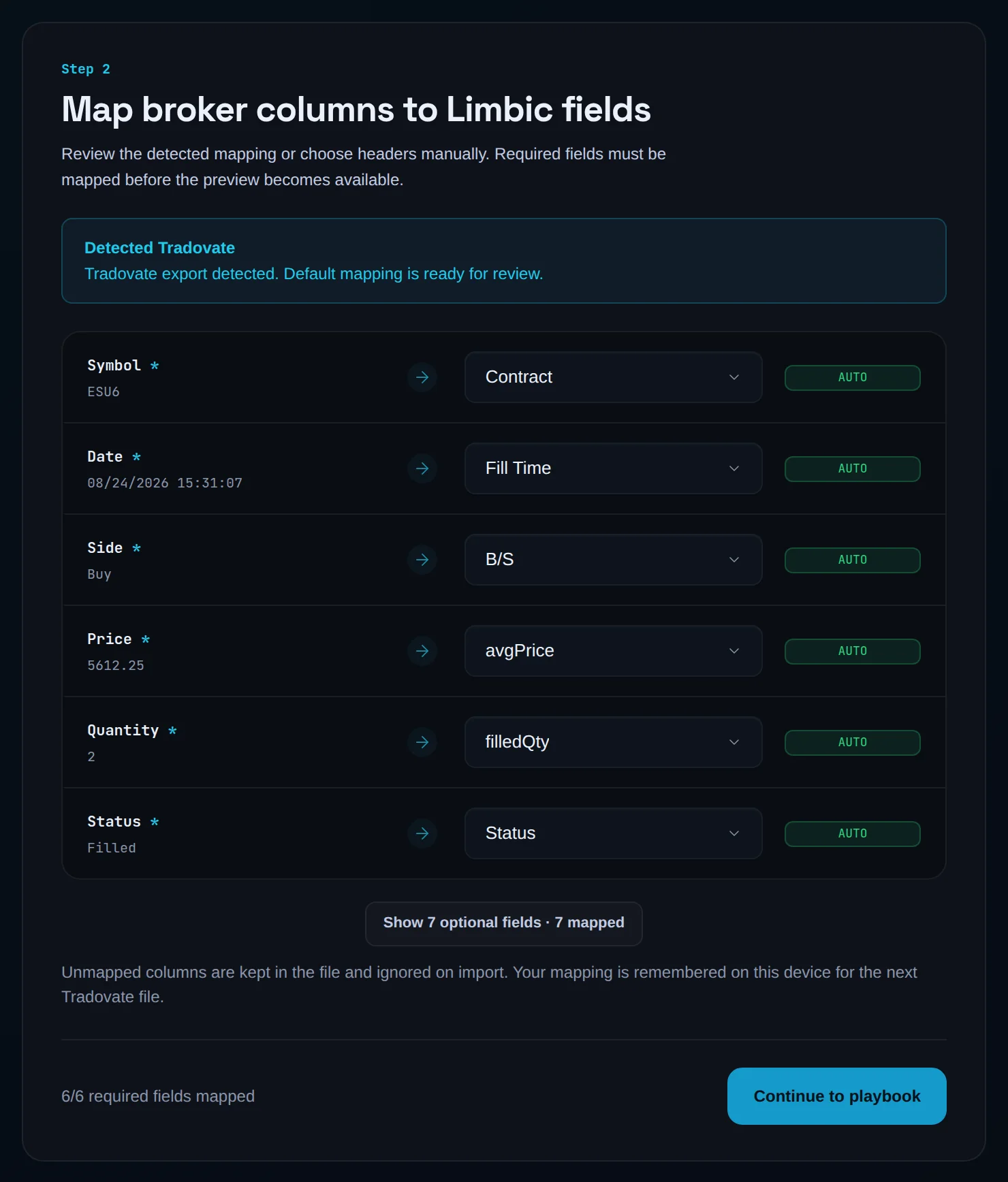 Map step with detected Tradovate columns and AUTO badges