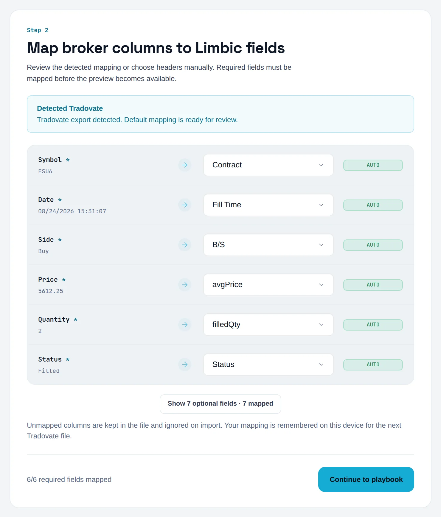 Map step with detected Tradovate columns and AUTO badges