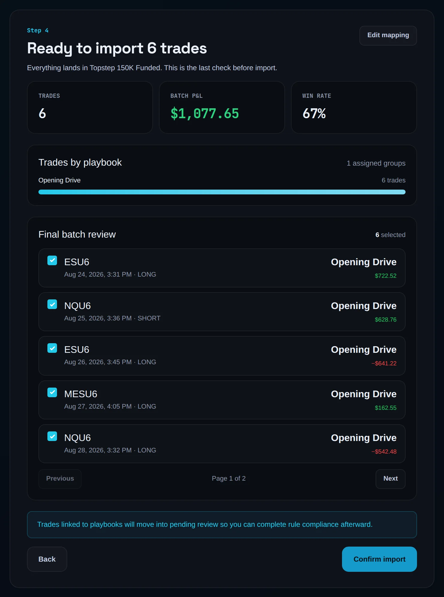 Review step listing trades with checkboxes, playbook assignment and net P&L