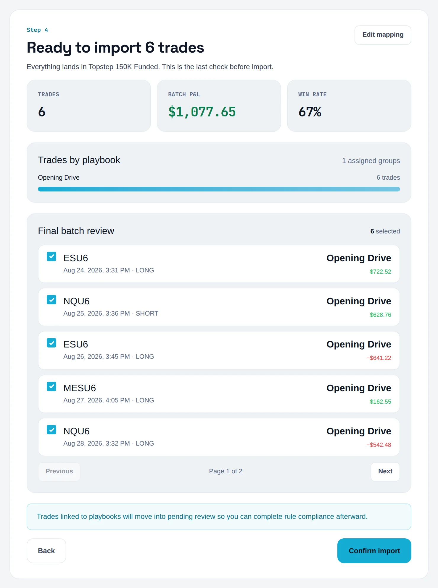 Review step listing trades with checkboxes, playbook assignment and net P&L