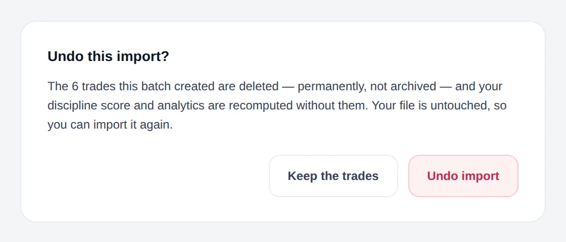 Undo this import dialog with Keep the trades and Undo import buttons