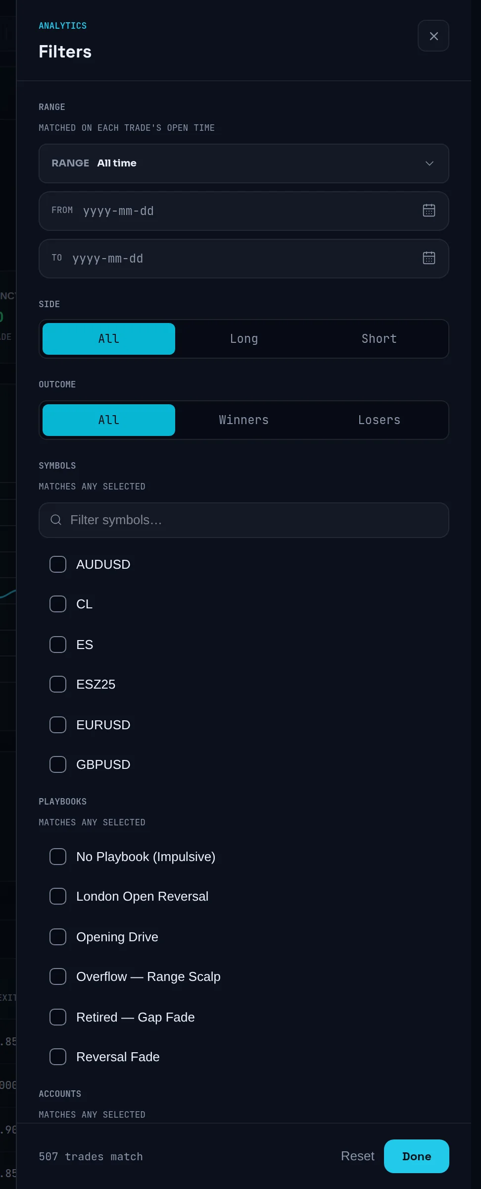 Analytics filter drawer with Range, Side, Outcome, Symbols and Playbooks sections