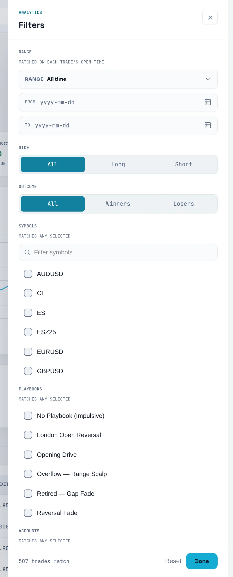Analytics filter drawer with Range, Side, Outcome, Symbols and Playbooks sections