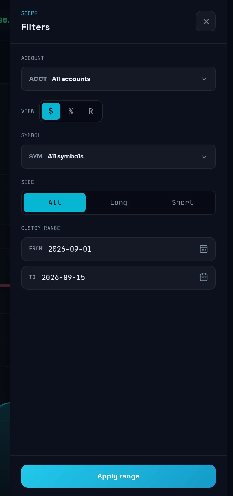 Dashboard filters panel with Account, Symbol, Side and Custom range