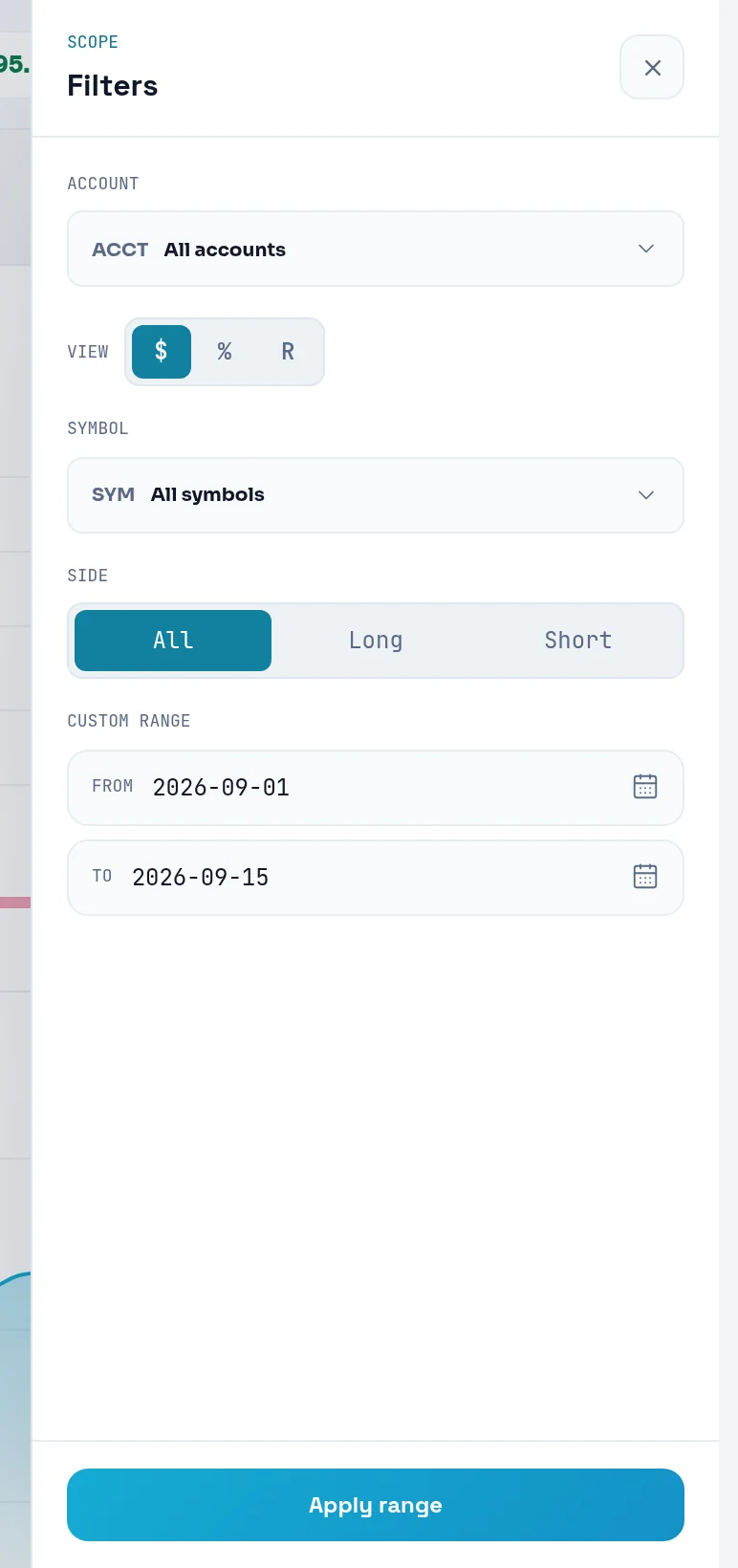 Dashboard filters panel with Account, Symbol, Side and Custom range