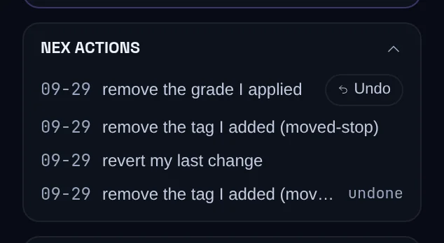 The NEX actions list in the Live context panel: dated changes, each with an Undo button or an 'undone' tag.