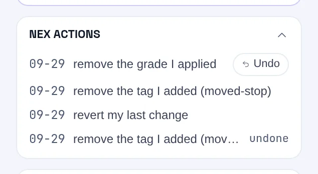 The NEX actions list in the Live context panel: dated changes, each with an Undo button or an 'undone' tag.