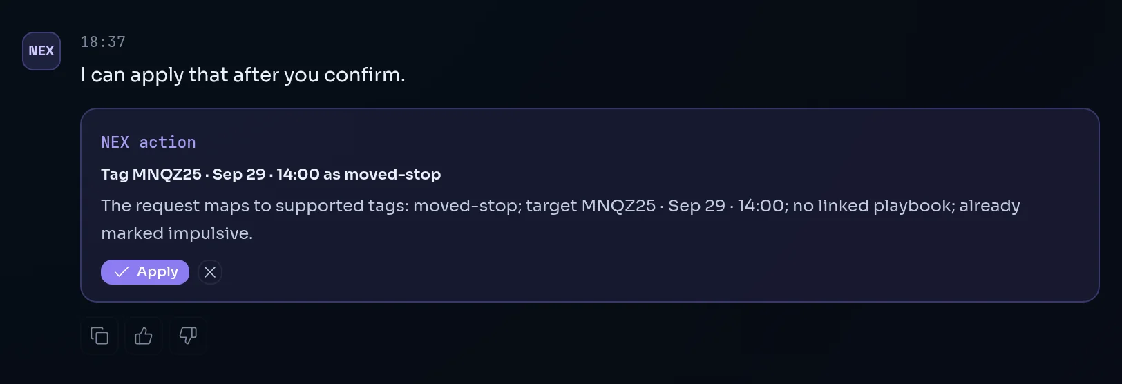 A NEX action card in the chat, showing the proposed change, the reason, an Apply button and a cancel button.