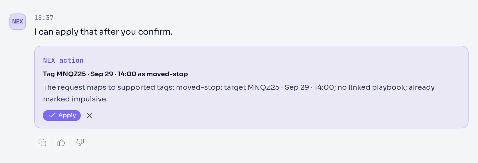 A NEX action card in the chat, showing the proposed change, the reason, an Apply button and a cancel button.