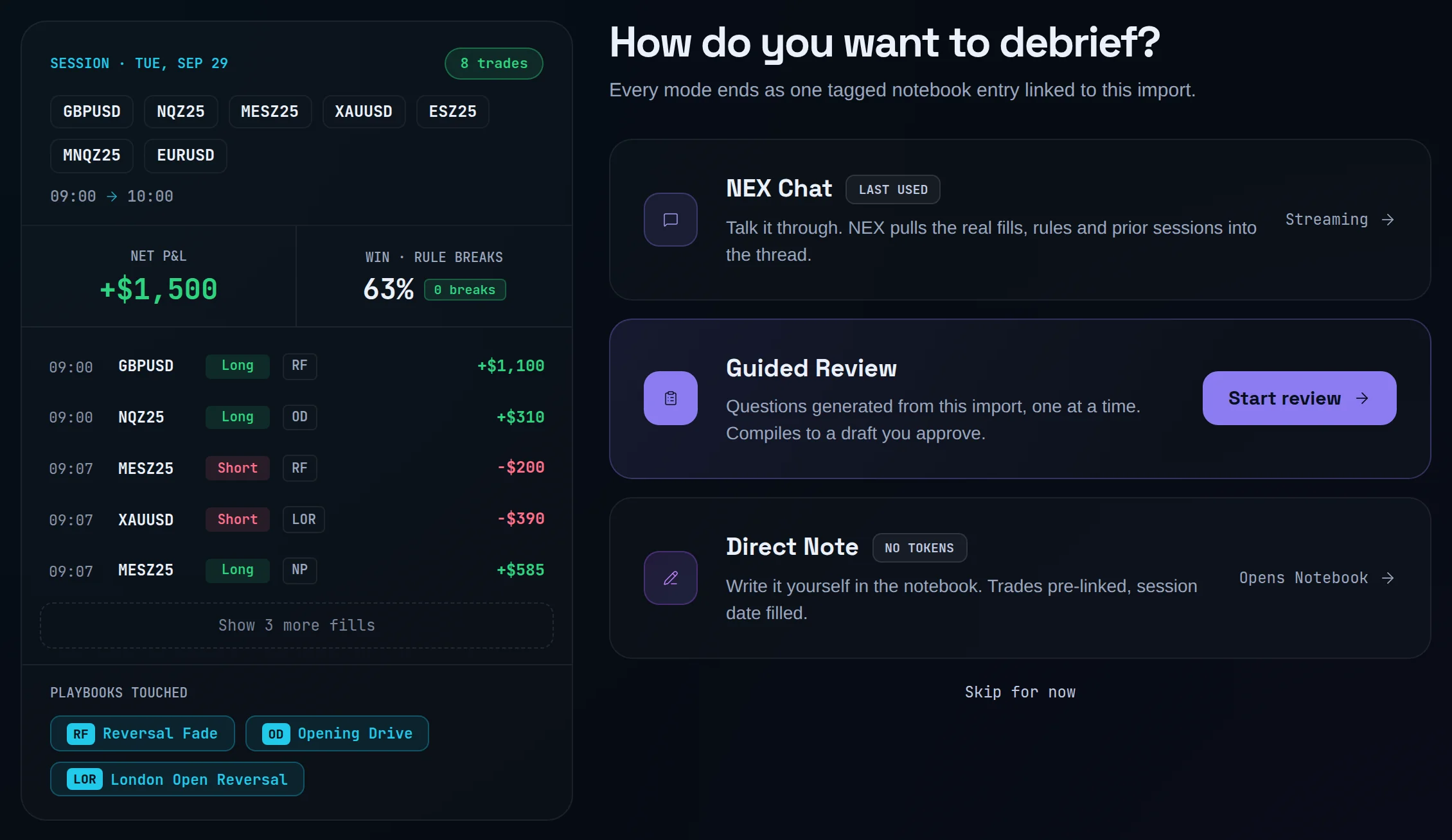 The NEX Journal chooser: a session digest on the left, and three numbered modes on the right — NEX Chat, Guided Review and Direct Note.