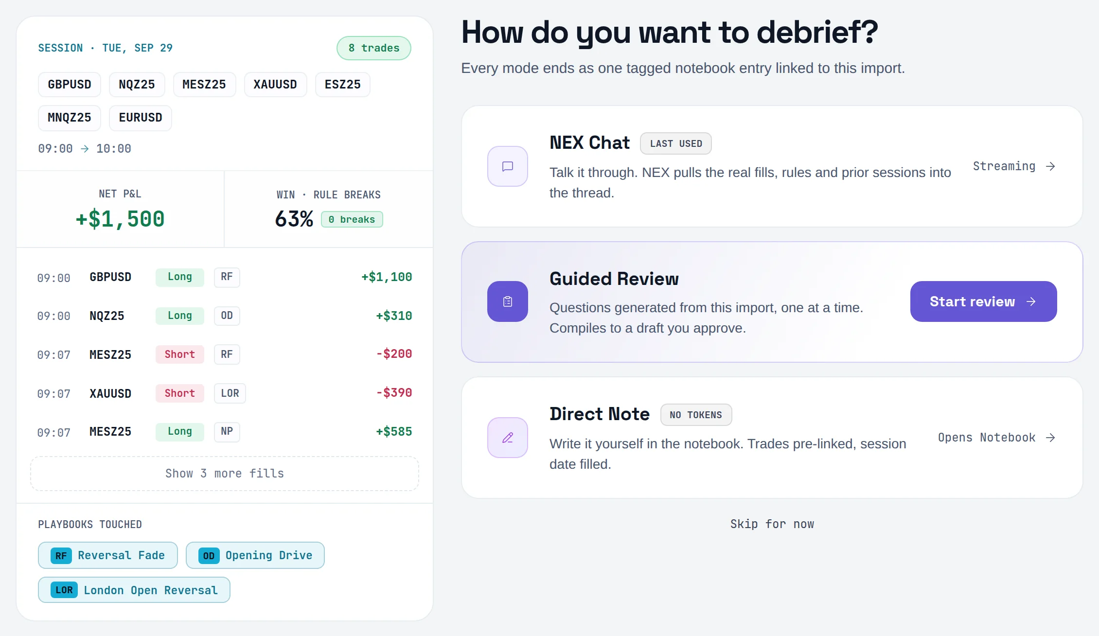 The NEX Journal chooser: a session digest on the left, and three numbered modes on the right — NEX Chat, Guided Review and Direct Note.