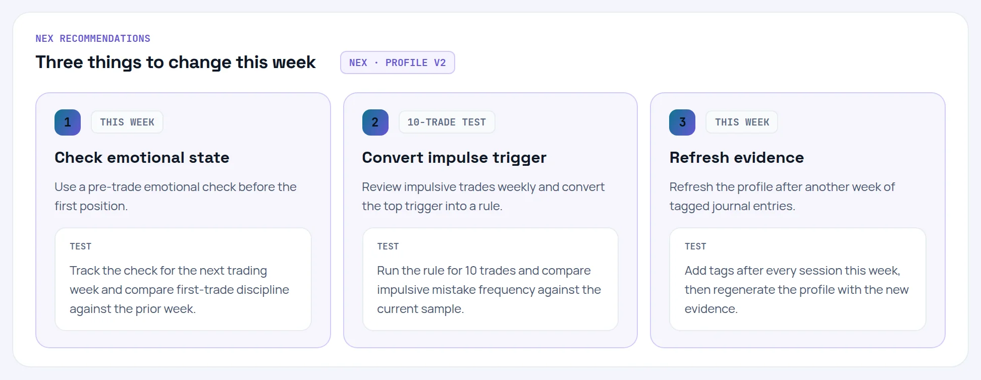 NEX recommendations: three cards titled Check emotional state, Convert impulse trigger and Refresh evidence, each with a horizon tag and a Test box.