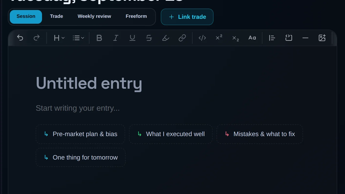 Notebook editor with entry type chips, the Link trade button, the formatting toolbar and starter prompts