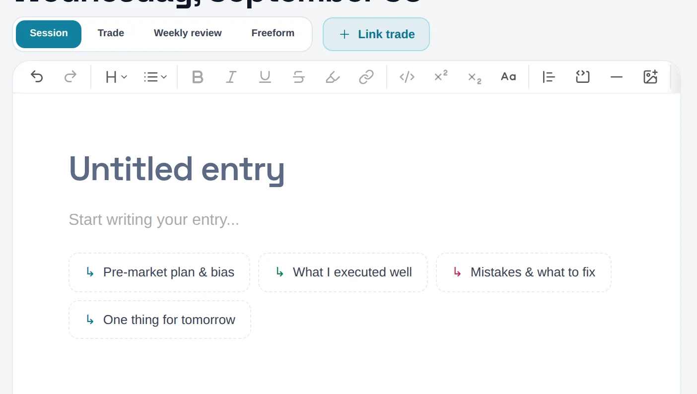 Notebook editor with entry type chips, the Link trade button, the formatting toolbar and starter prompts
