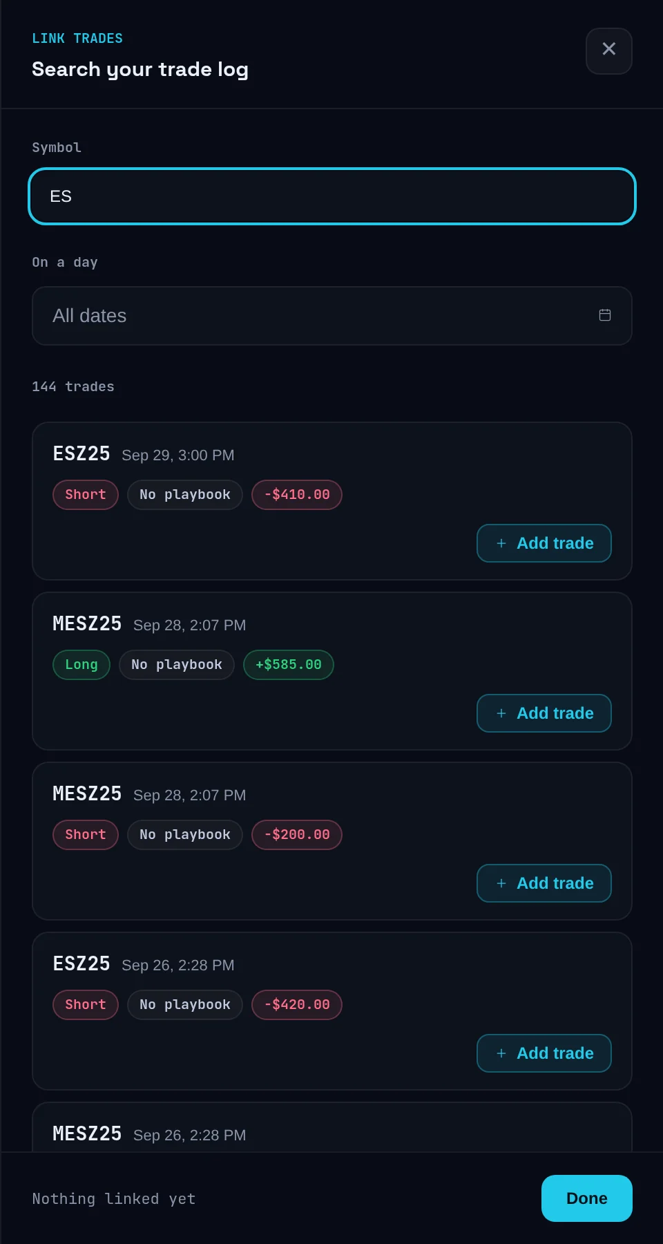 Link trades panel with a symbol search, a day filter and Add trade buttons