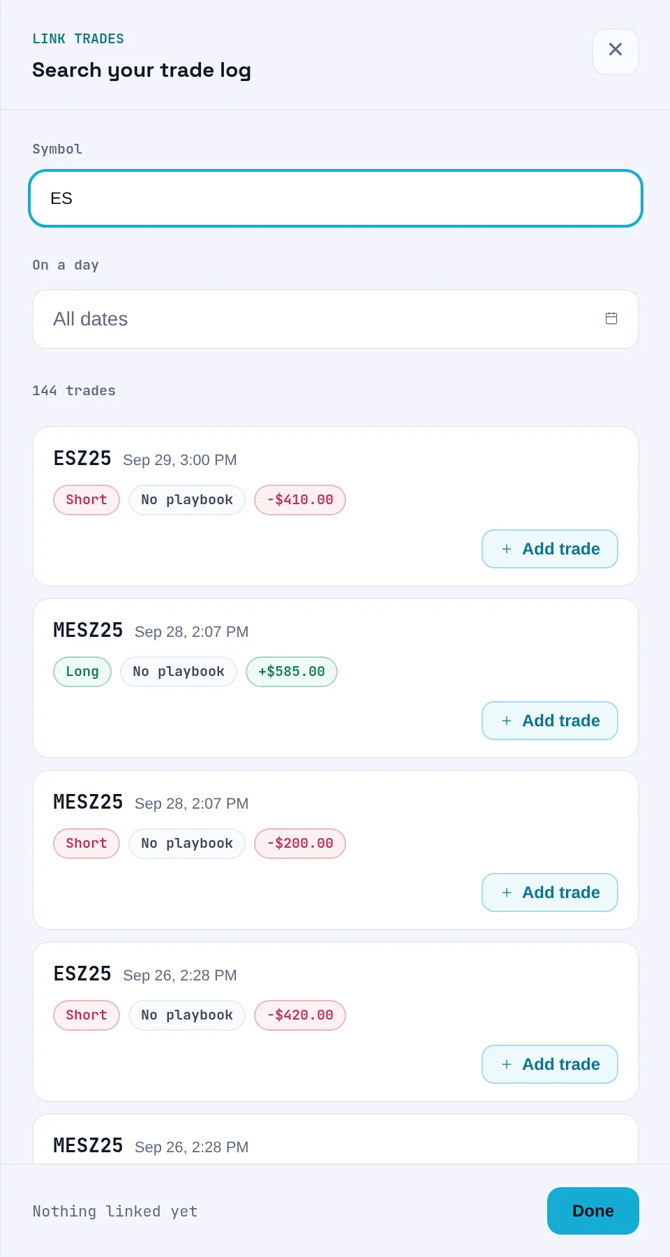 Link trades panel with a symbol search, a day filter and Add trade buttons