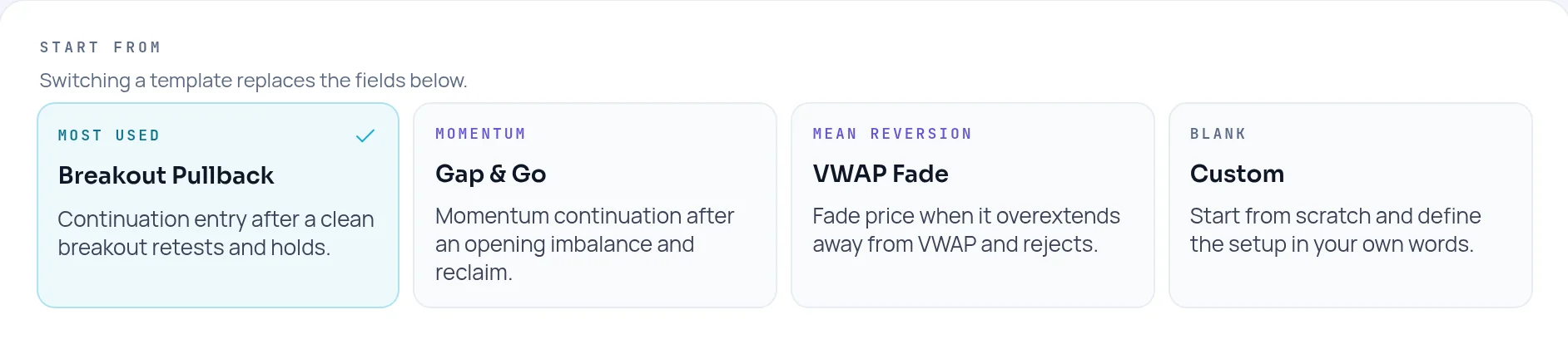 Create your first playbook with four template cards: Breakout Pullback, Gap & Go, VWAP Fade and Custom