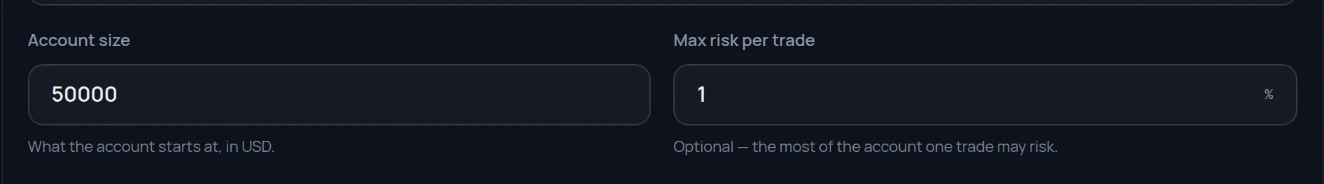 Account size and Max risk per trade fields with the percent suffix