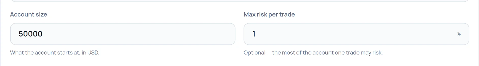 Account size and Max risk per trade fields with the percent suffix