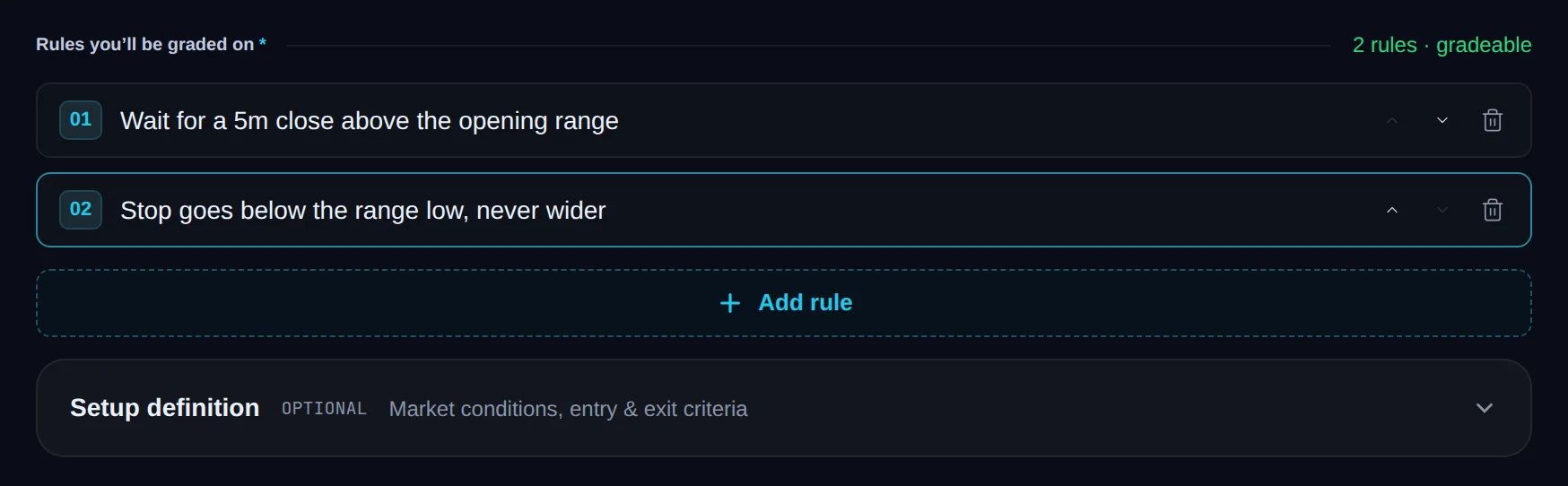 Rules you'll be graded on list with Add rule, and the collapsed Setup definition section