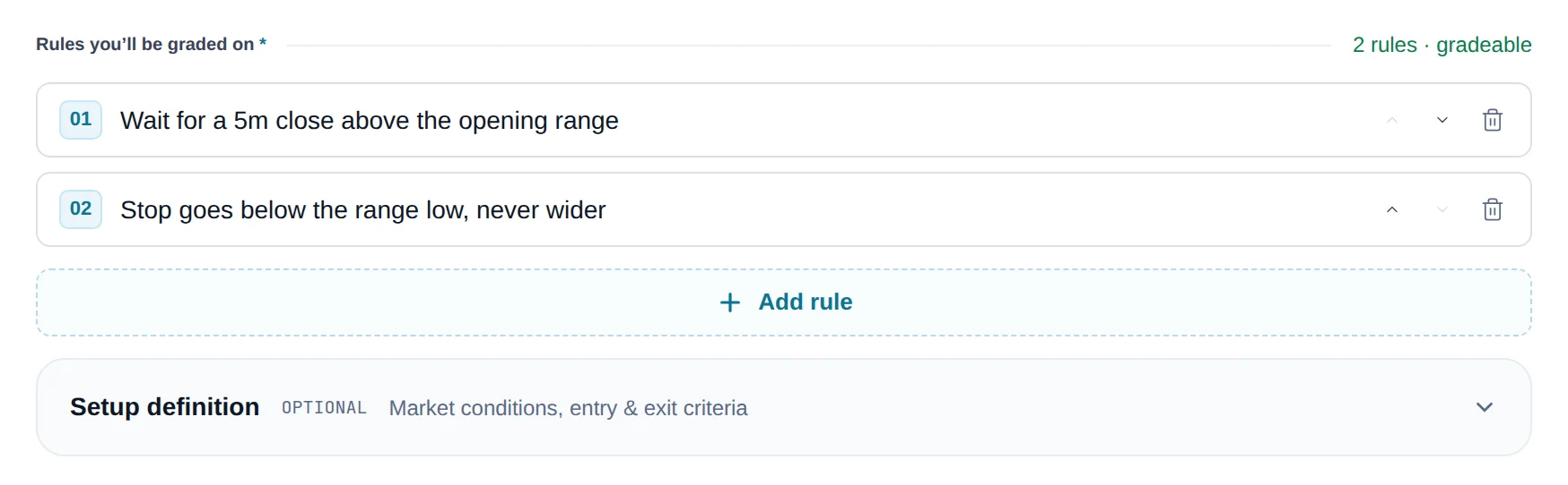 Rules you'll be graded on list with Add rule, and the collapsed Setup definition section
