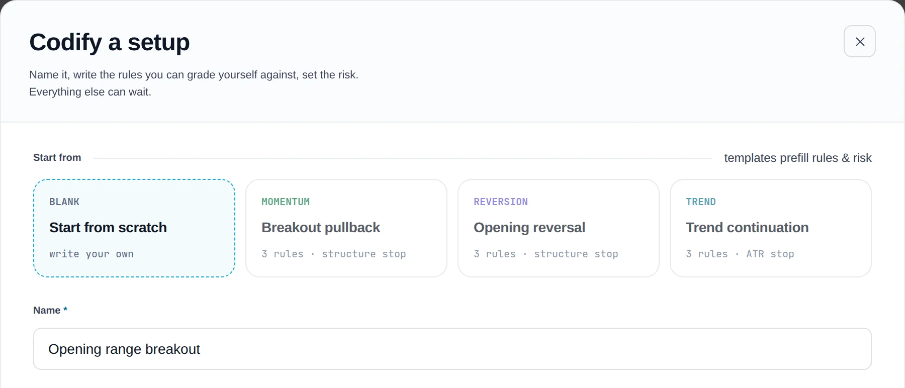 Codify a setup sheet with the Start from template cards and the name field