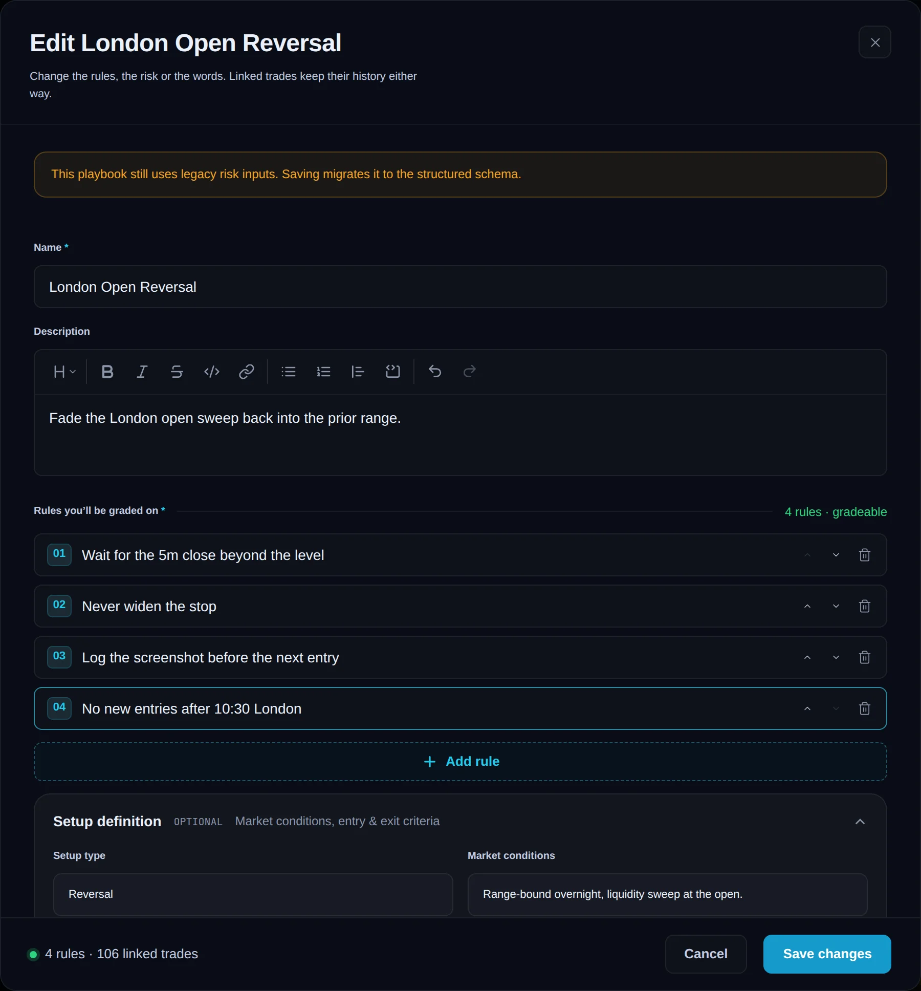 Edit playbook sheet with rules, the footer rule and trade count, and Save changes