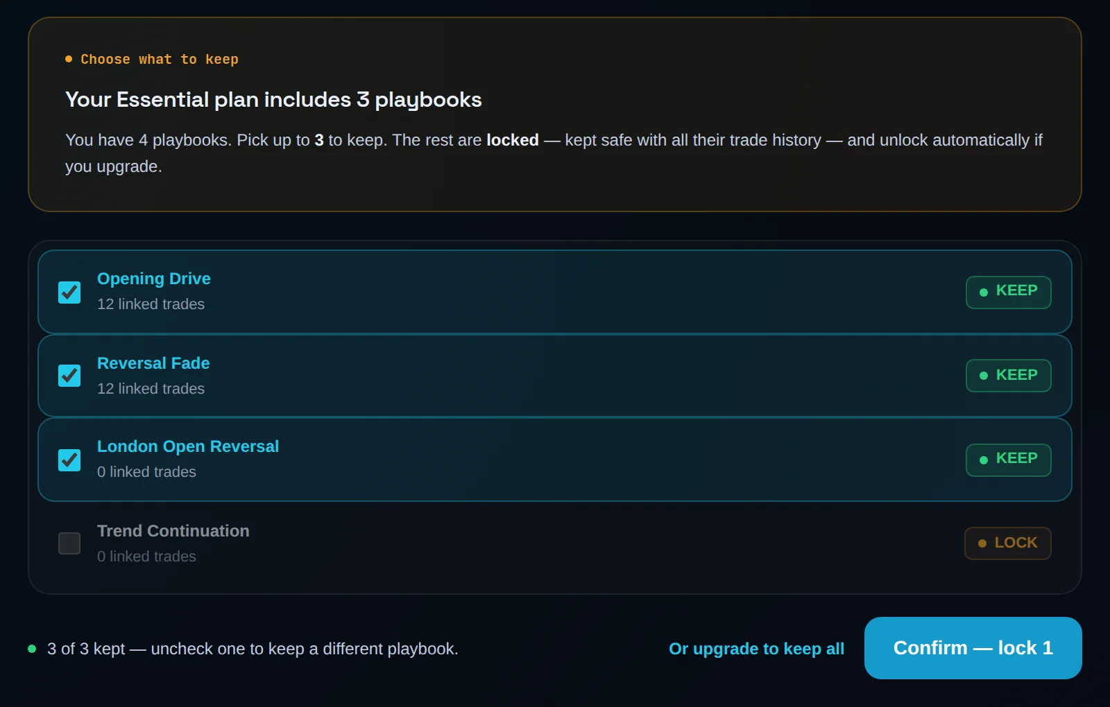 Choose what to keep screen with playbooks ticked Keep or Lock and the Confirm — lock button