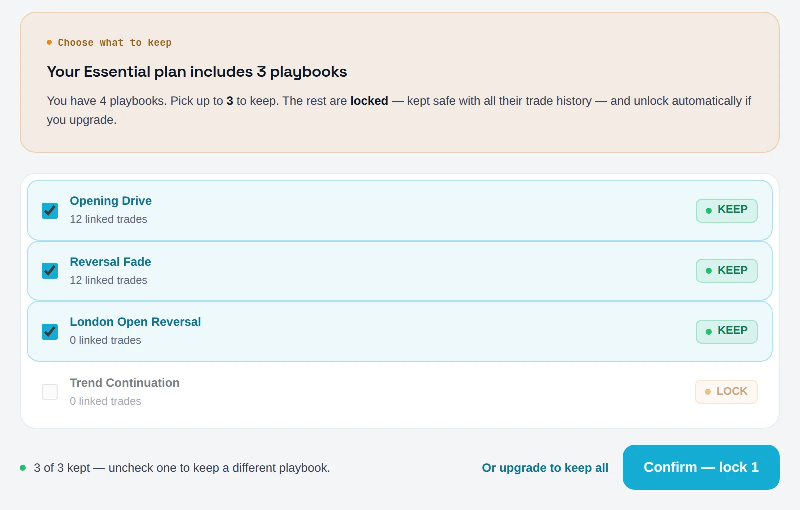 Choose what to keep screen with playbooks ticked Keep or Lock and the Confirm — lock button