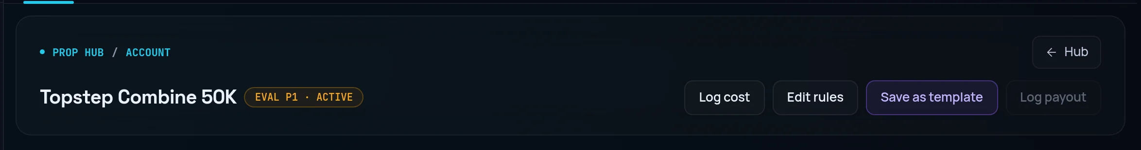 Prop account header with the Eval P1 · Active badge and Log cost, Edit rules and Log payout buttons