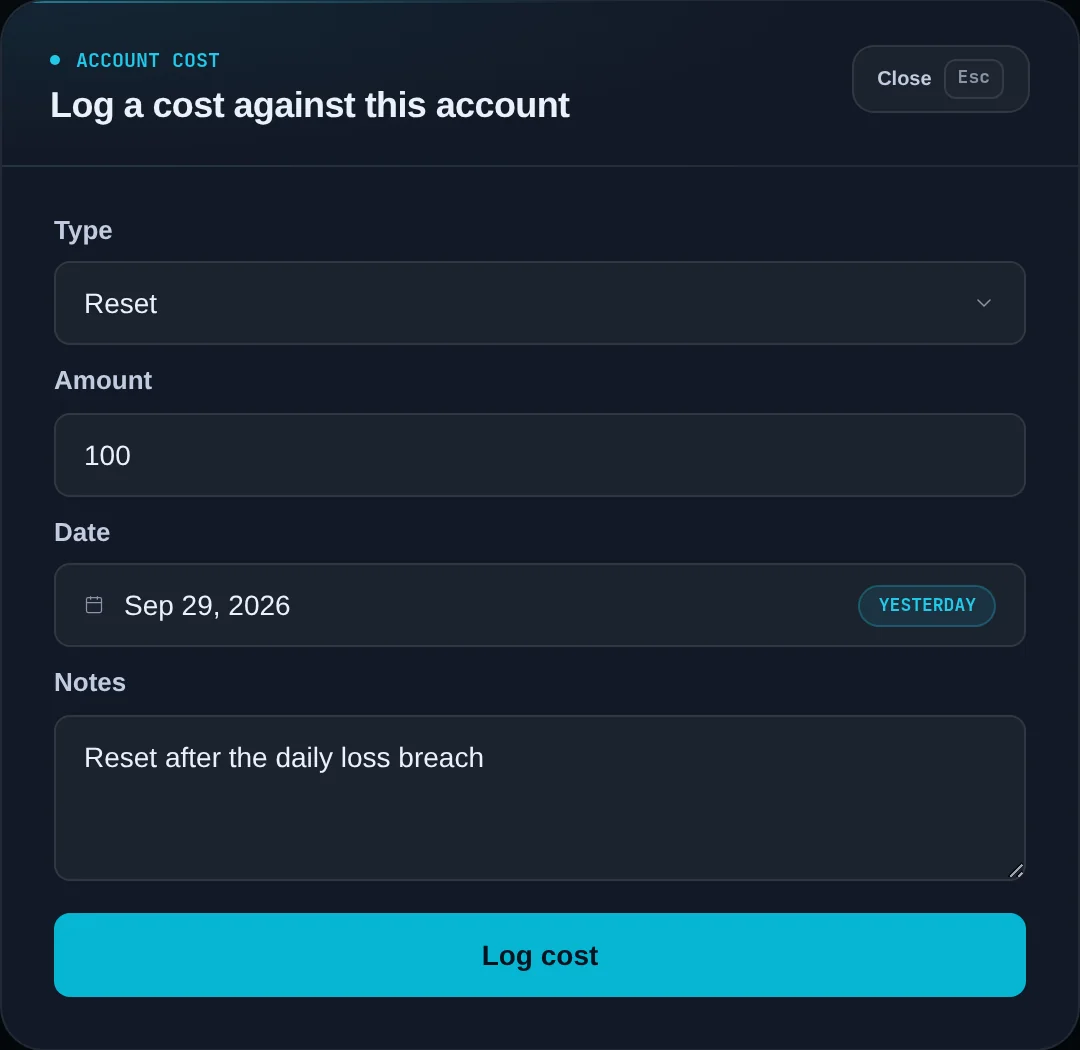 Log a cost against this account: Type Reset, Amount 100, Date Sep 29, 2026, a note, and the Log cost button