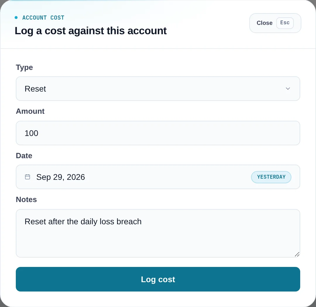 Log a cost against this account: Type Reset, Amount 100, Date Sep 29, 2026, a note, and the Log cost button