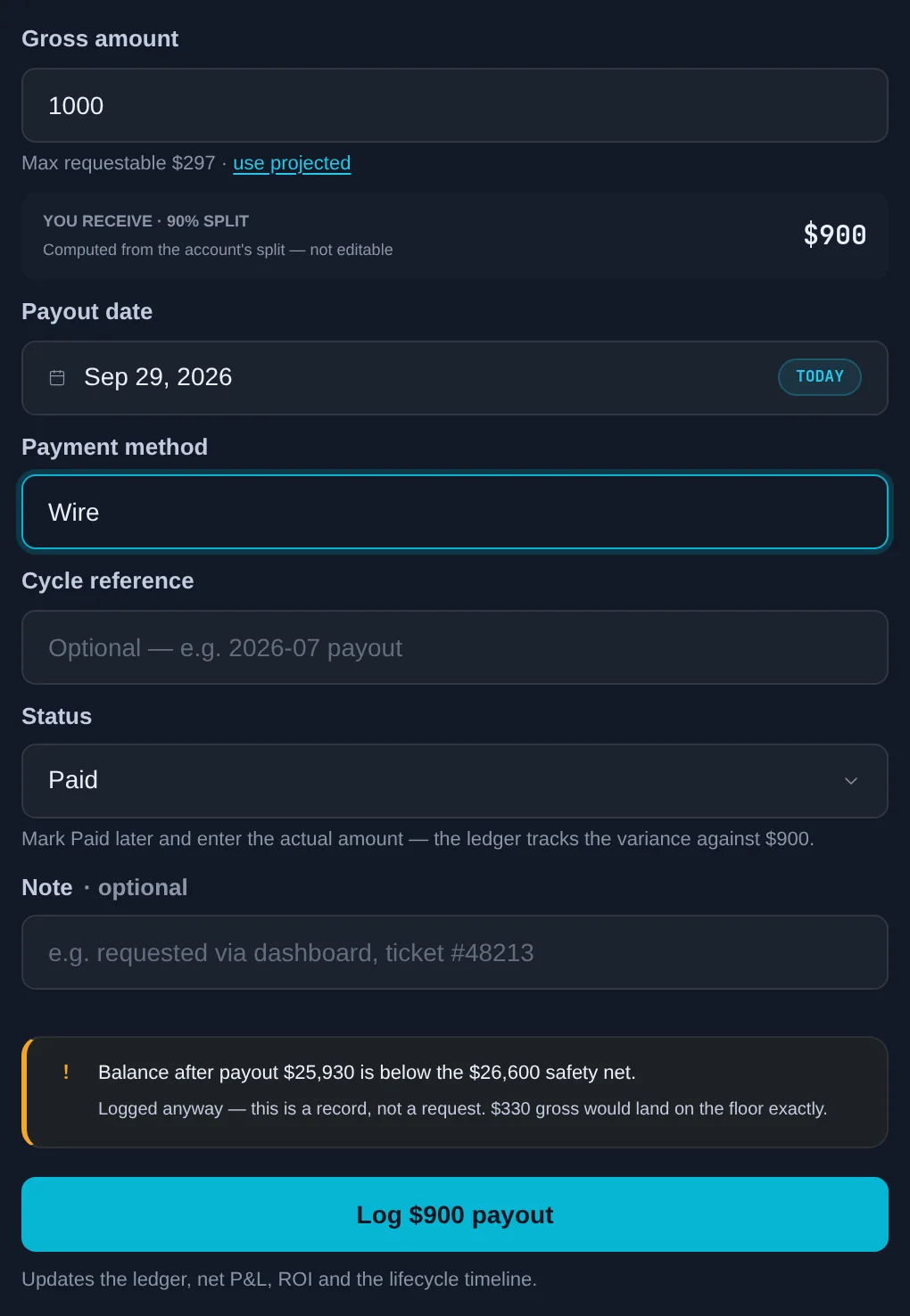 Log payout form with Gross amount, You receive at the split, and the safety-net advice