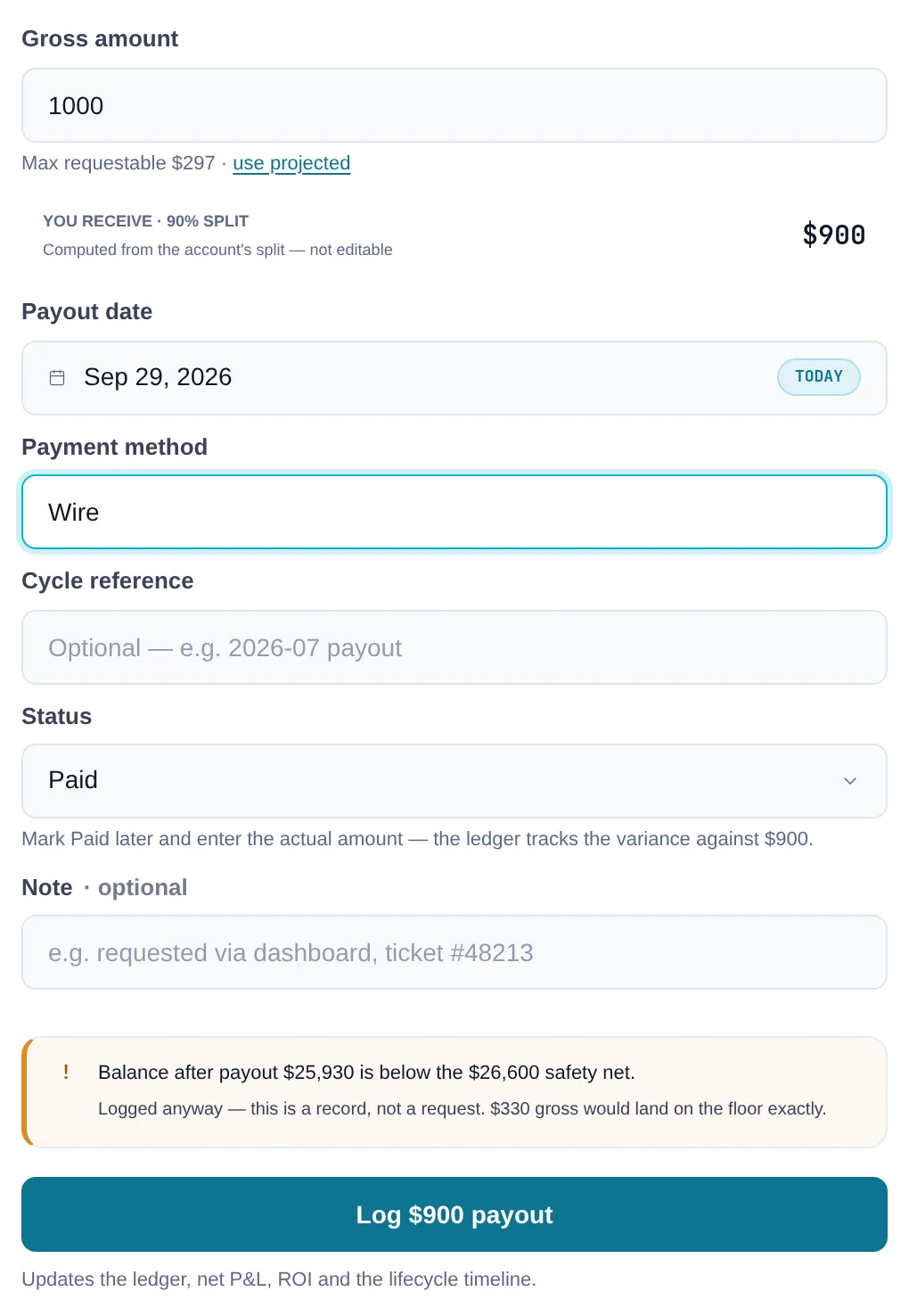 Log payout form with Gross amount, You receive at the split, and the safety-net advice