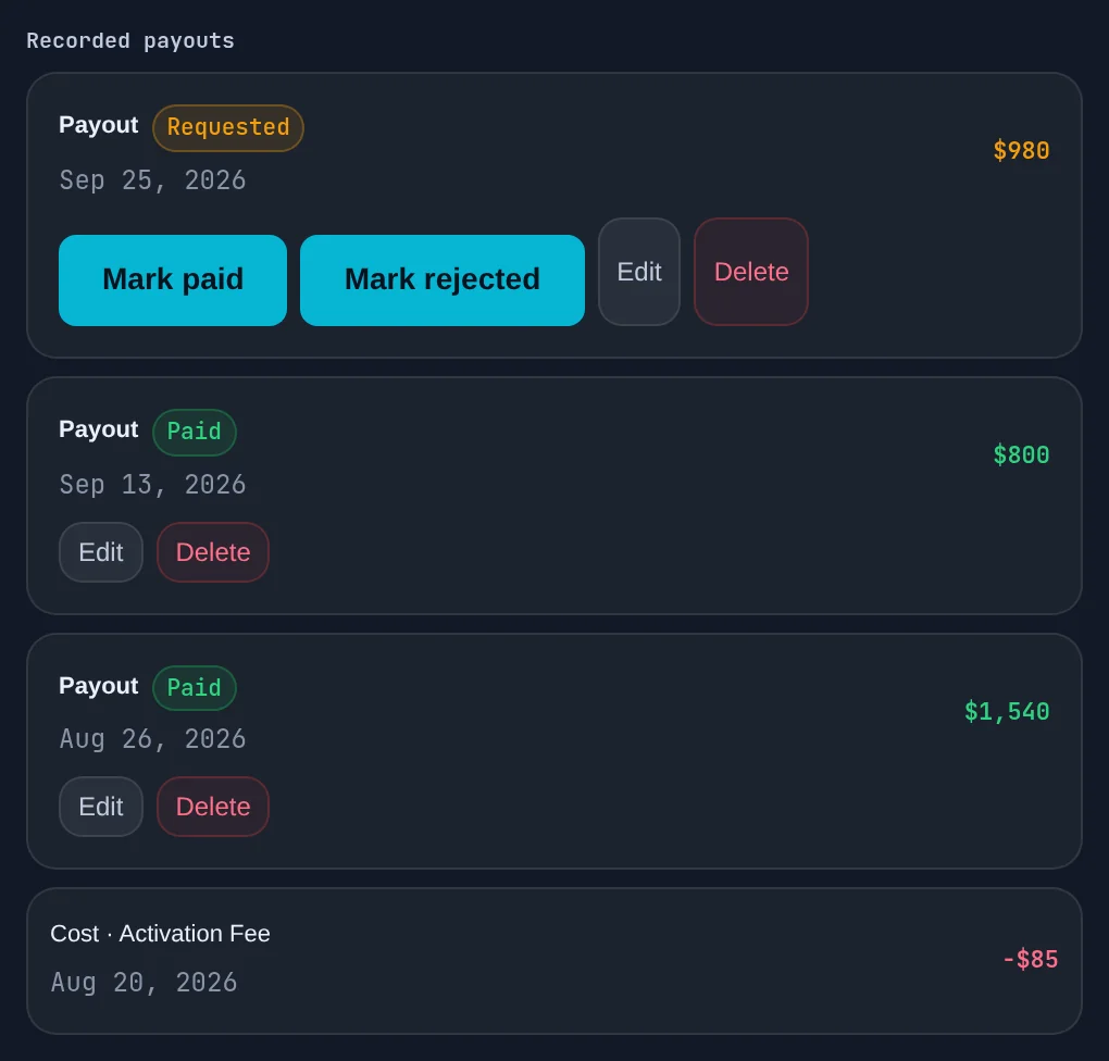 Recorded payouts on Apex PA 25K: a $980 Requested payout with Mark paid, Mark rejected, Edit and Delete, and two Paid payouts