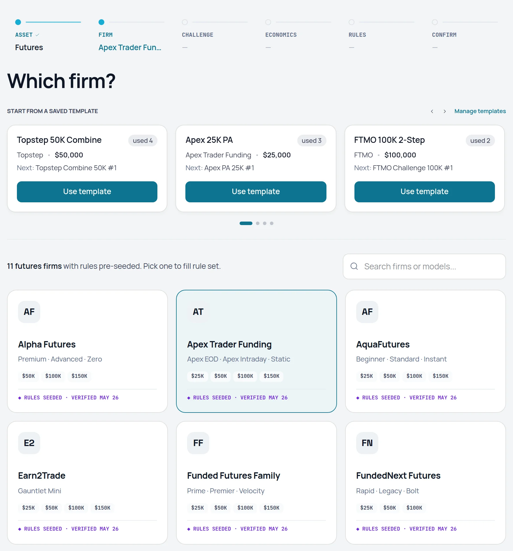 Prop account wizard on the Which firm? step with firm cards and the step rail