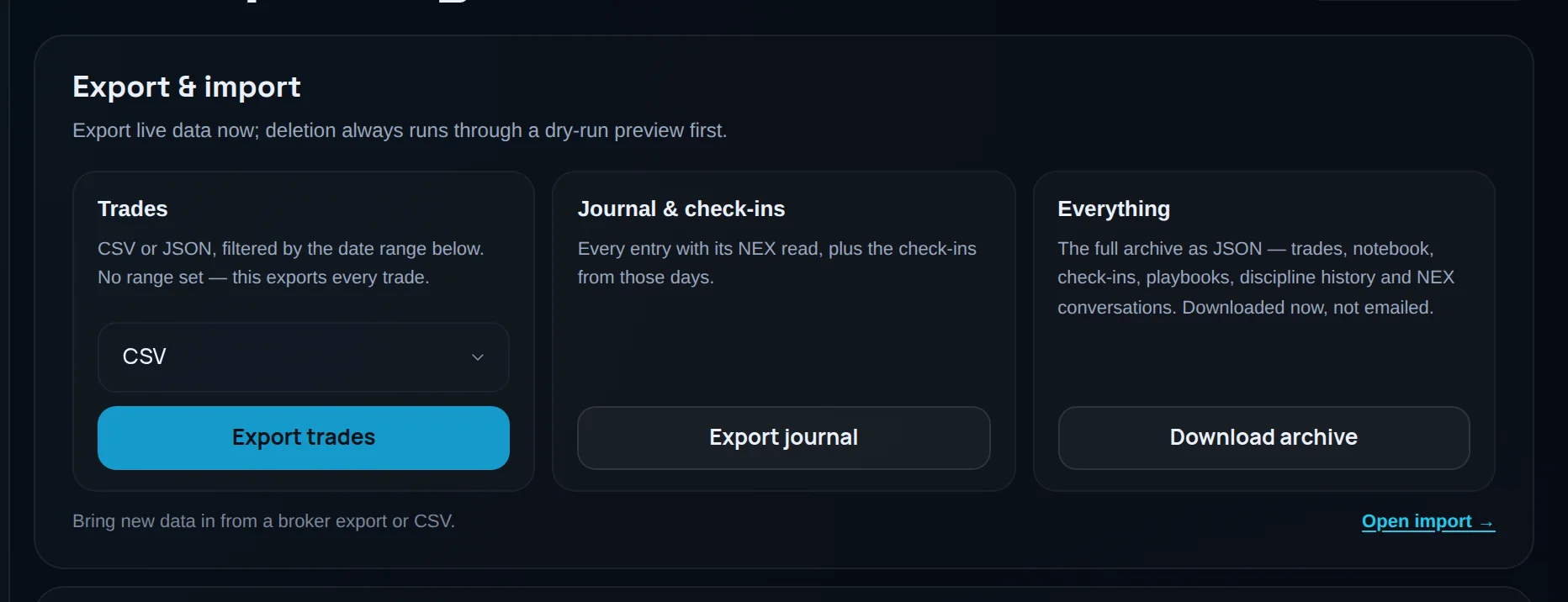 Export & import card with the Trades, Journal & check-ins and Everything tiles