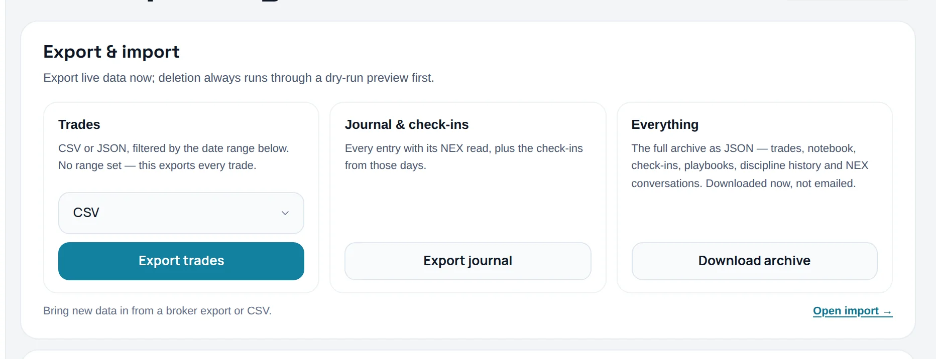 Export & import card with the Trades, Journal & check-ins and Everything tiles